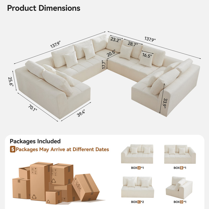 Canapé modulaire surdimensionné de 137,9 po, canapé de nuage modulaire compressé avec mousse à mémoire de forme, aucun assemblage requis