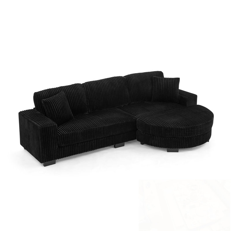 L-Shaped Sectional Sofa With Pillows And Ottoman, Black Corduroy
