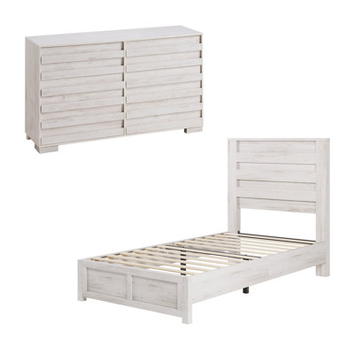  Ensemble de chambre à coucher simple 2 pièces, lit plateforme et commode 6 tiroirs Farmhouse, blanc