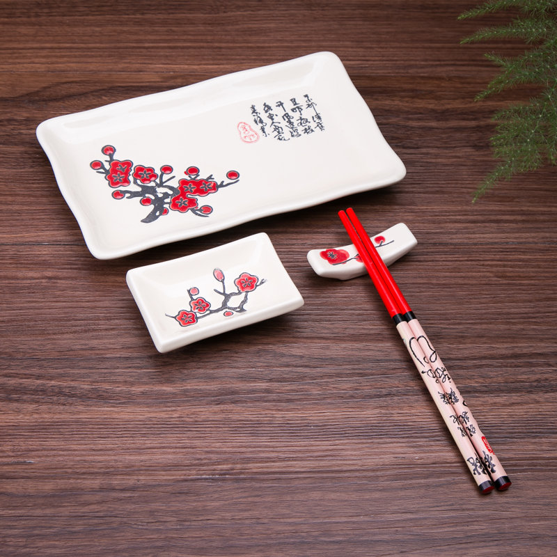 4 Pcs Japanese Sushi Plate Dinnerware Set With Plum Blossom Design - White, White