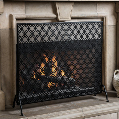 Modern Design Single Panel Iron Fire Screen, Black Color, Overlapping Circle Concept, 40.54" Depth, 11.36" Width, 35.63" Height, Protects Living Space From Embers, Assembly Tools Included