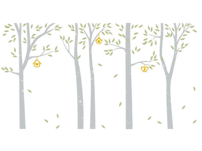 Décalcomanie murale arbres et maisons à oiseau bouleau, Gris / céladon / jaune