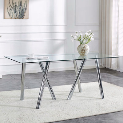 Table de salle à manger en verre trempé 71 pouces avec pieds en métal robustes