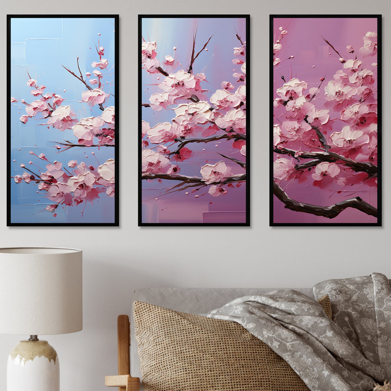«Pink Whispering Cherry Blossoms I», art mural fleurs, H 40 po x l 60 po x P 1 po, Cadre flottant noir