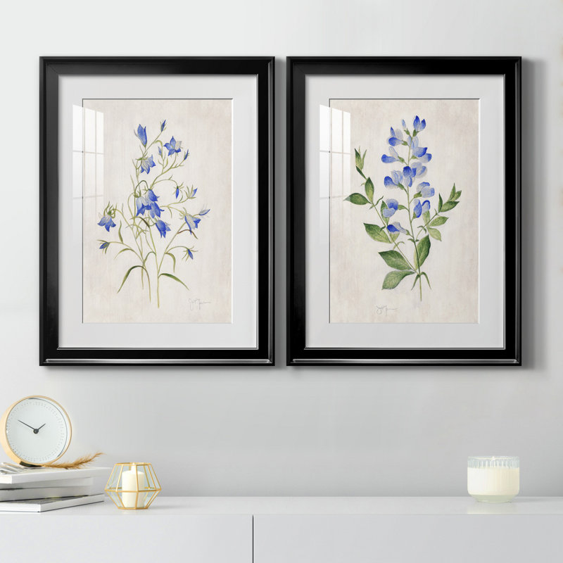«Blue Botanical I», ensemble de 2 reproductions d'art, Blanc, H 18,5 po x l 49 po x P 1,5 po, Papier encadré noir
