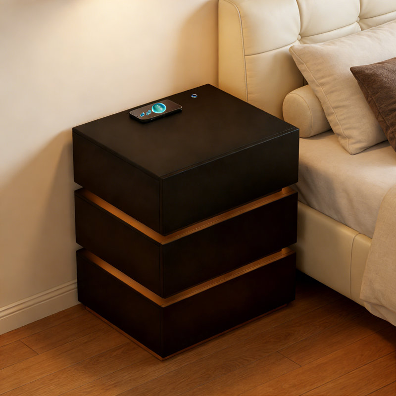 3-Drawer LED Smart Nightstand with Light, Black