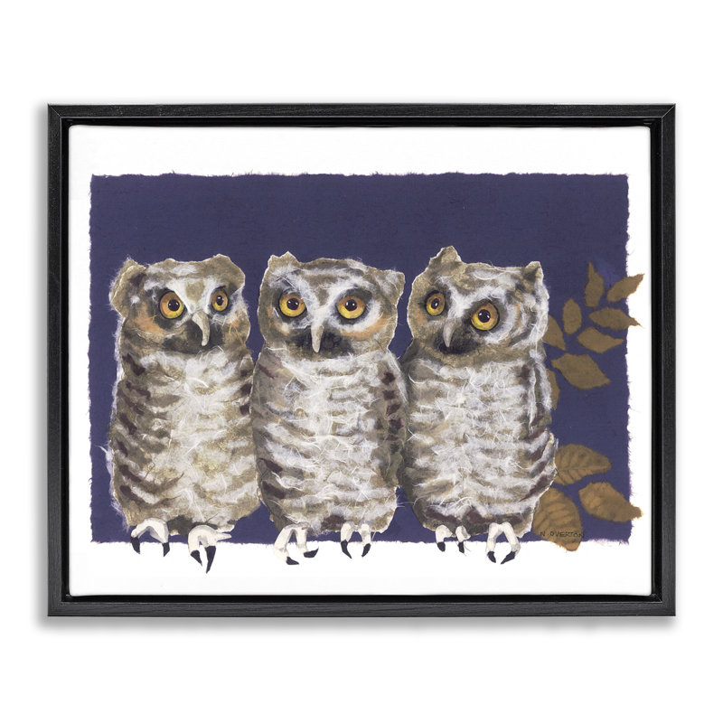 «Owl Trio & Leaves», art mural sur toile par Nancy Overton, Cadre flottant noir de jais, H 17 po x l 21 po