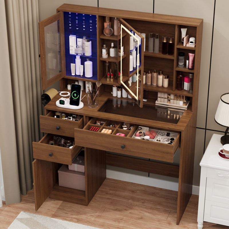 Bureau de coiffeuse avec miroir et lumière, Noyer