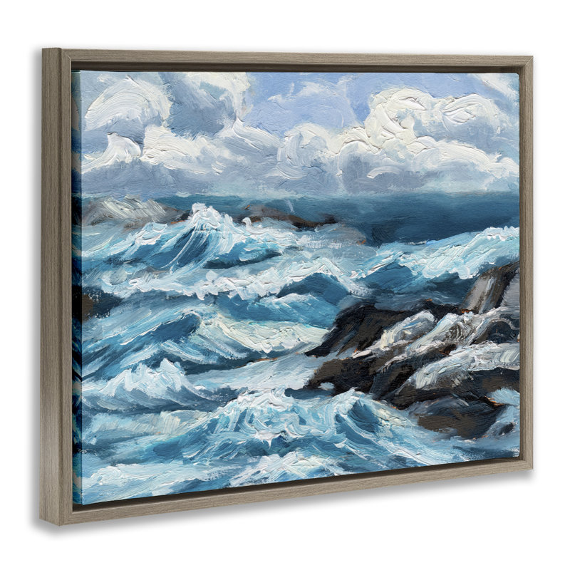 "Rough Sea Waves Splash", art mural sur toile flottante par Melissa Wang, H 25 po x l 31 po, Cadre flottant orme Montalcino