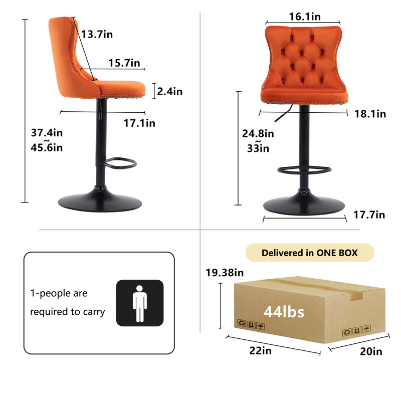 Ensemble de 6 tabourets de bar modernes en velours pivotant à hauteur ajustable, Orange