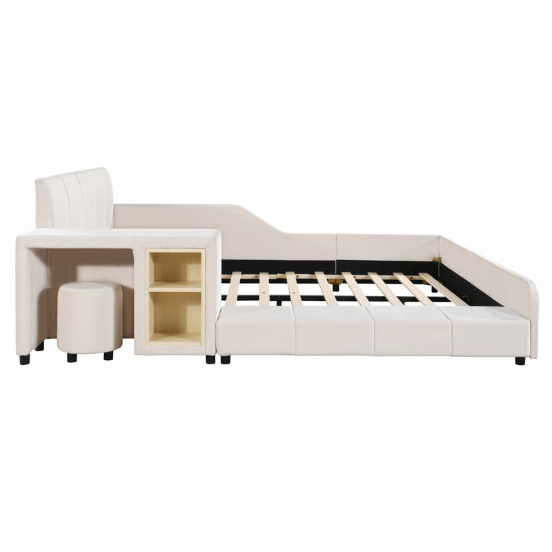 Lit tapissier à la terre, lit mère et enfant avec bureau de chevet et petit tabouret rond, Beige, Double