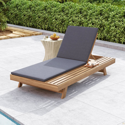 Lounge Chaise Set, Space Available On One Side, Acacia Wood In Light Brown With Water-Resistant Lounge Cushions (Dark Grey & 2 Inch Thick)
