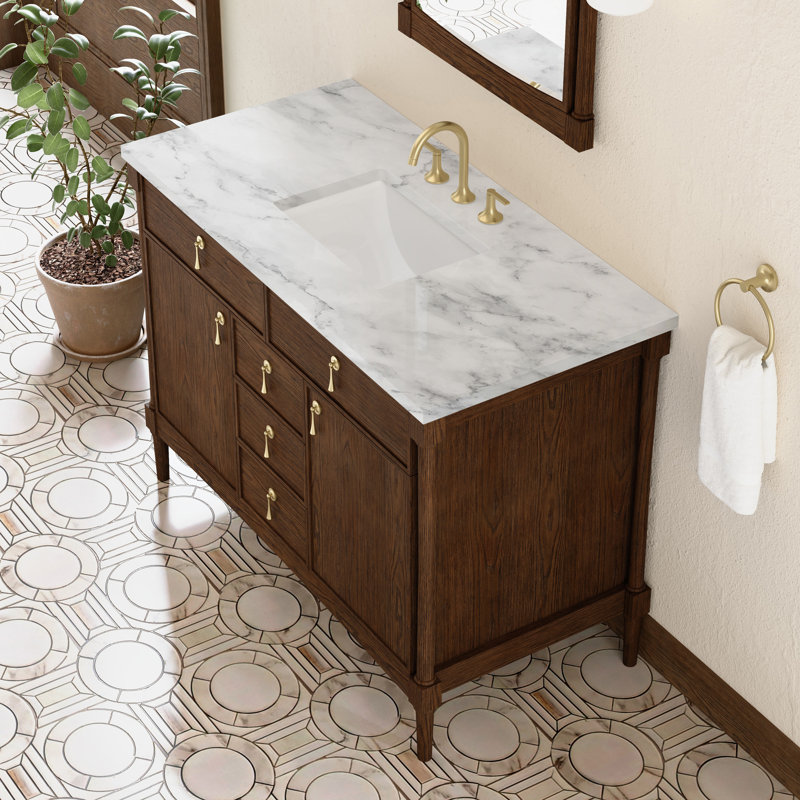 Kinnsden 48" W Single Vanity, Sable Oak, Carrara Marble, 8" Widespread