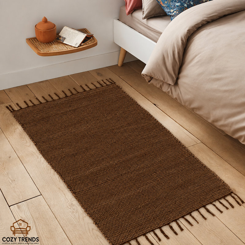 Tapis lavable réversible en coton tissé à la main 2 pi x 3 pi avec pampilles, Brun