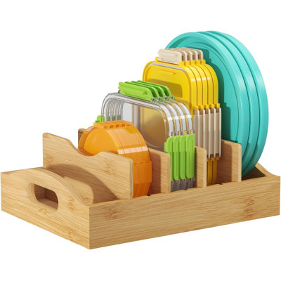 Bamboo Lid Organizers for Inside Cabinet, Food Storage Container Lid Holder with 4 adjustable Inserts