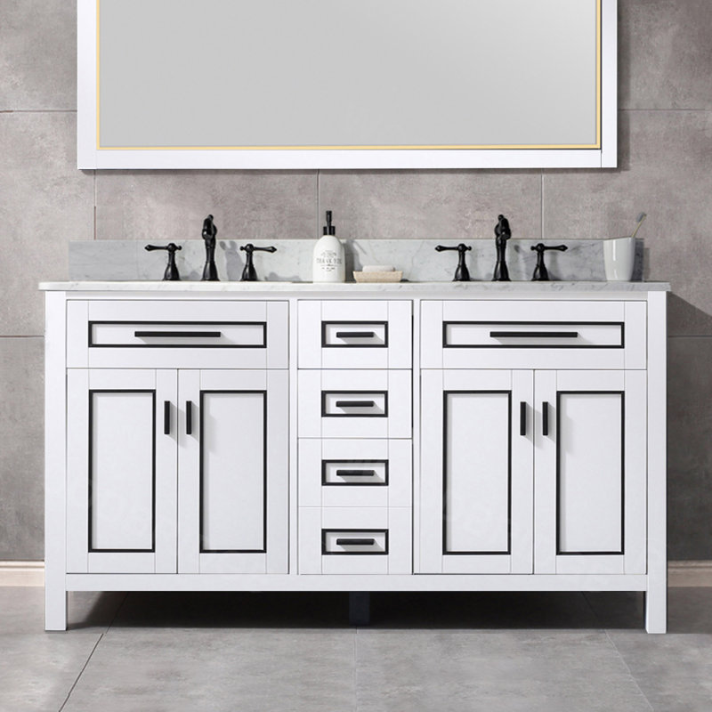 61" White and Black Trim Solid Wood Double Vanity with Carrara Marble Top