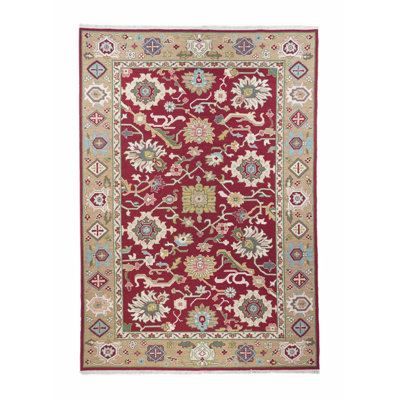 Tapis rouge / gris en laine noué à la main de conception unique 6 pi x 9 pi