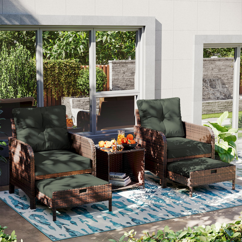 Ensemble de chaises de patio 5 pièces, conversation en osier avec coussins, table basse, vert, Vert