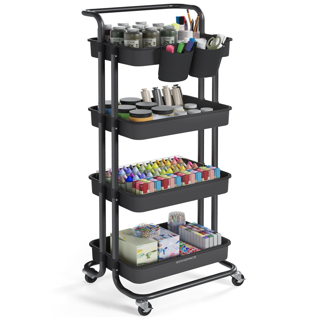 4-Tier Storage Trolley, Rolling Trolley With Handle, 2 Small Organisers, Steel Frame, Plastic Baskets, Utility Cart, Easy Assembly, For Bathroom Laund