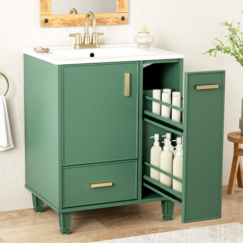Meuble-lavabo 24 po avec lavabo, armoire de salle de bain avec tablette de porte, tiroir profond, panier coulissant à 2 niveaux, structure en bois massif et panneau de fibres à densité moyenne