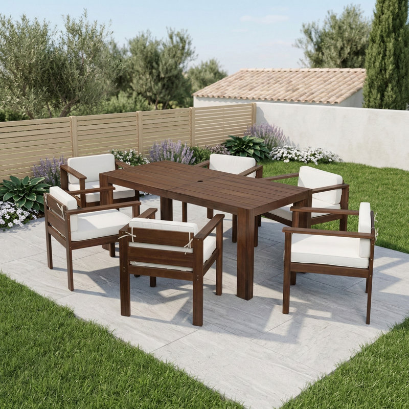 A 7-piece outdoor dining set for 6 persons. Includes a 72.8-inch rectangular table and chairs with removable cushions. Suitable for backyards, gardens, and poolside areas. Features a mocha finish with beige cushions.