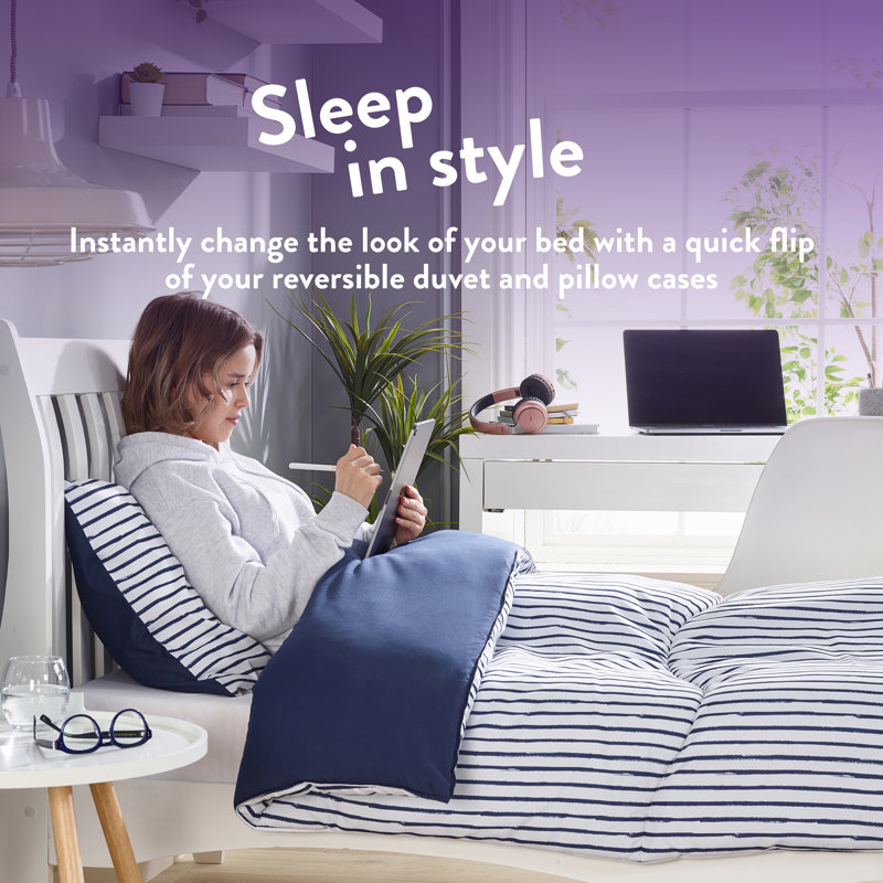 Back to Uni Navy Printed Stripe 10.5 Tog Duvet, 2 Medium Pillows, Double