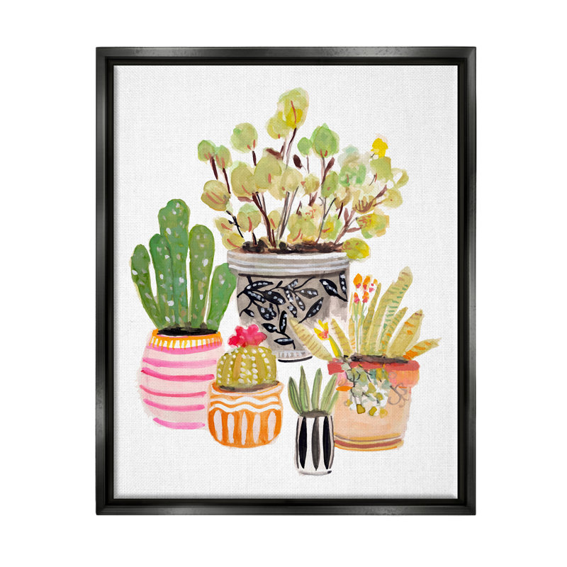 Motif de pots de cactus par Karen Fields - Peinture, Cadre flottant noir de jais, H 31 po x l 25 po x P 1,7 po