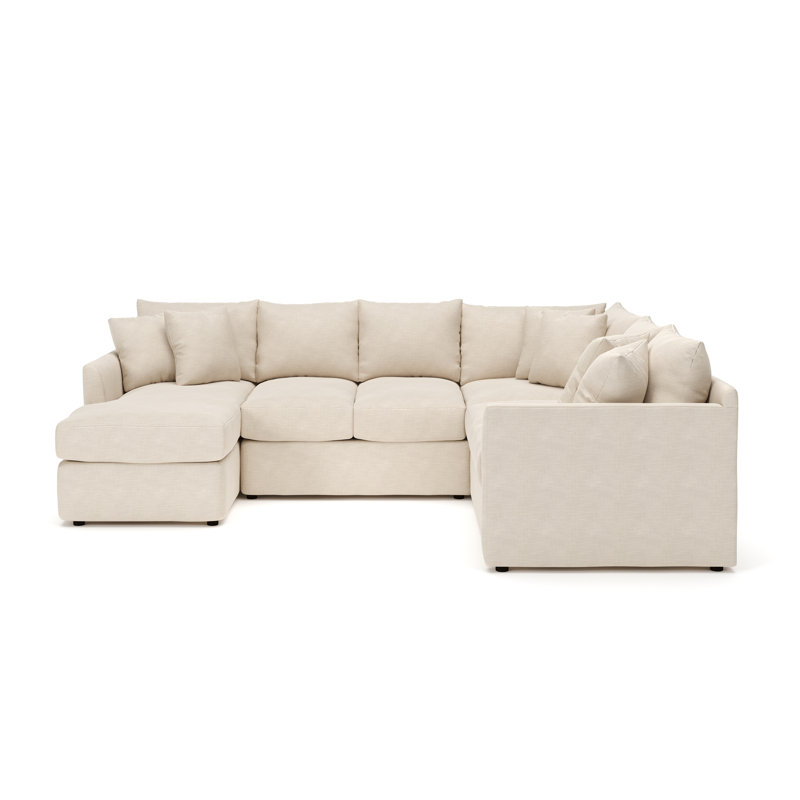 Cecelia 119" W Sinuous Springs 6-Person 3-Piece U-Shaped Sectional, Conversation Ivory Basketweave, Left Hand Facing
