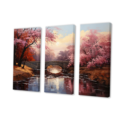 Asian Art Cherry Blossom Bidge on Canvas, reproduction de 3 pièces