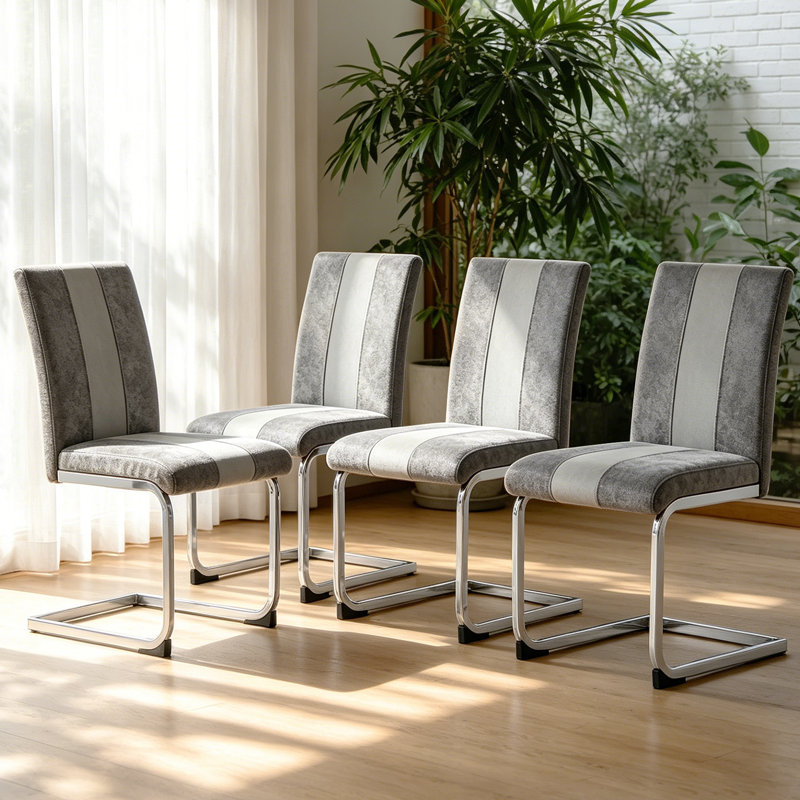 Modern Faux Leather/Suede Upholstered Armless Cantilever Dining Chair with Chrome Base, 4, Suede Light Grey