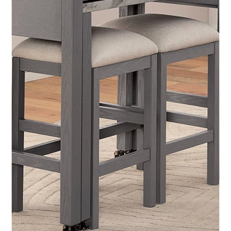 Table de salle à manger à hauteur de comptoir moderne en faux marbre avec tiroir, 2 tabourets, table de transition beige / blanc, gris feutré