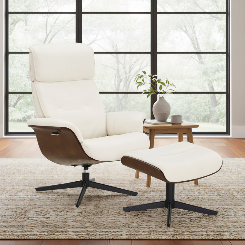 Mid Century Genuine Leather Recliner Lounge Chair With Ottoman, Coconut Milk