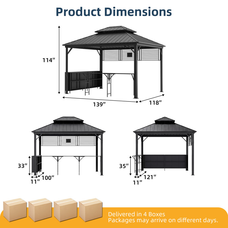 12 pi. L 10 pi. D Pavillon de jardin d'extérieur, pergola en aluminium à deux niveaux avec support pour téléviseur, tablette de rangement et comptoir de bar intégré