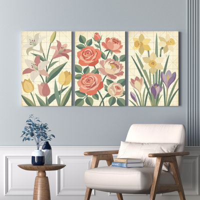 Ensemble de 3 impressions florales sur toile tendue à l'huile sur toile