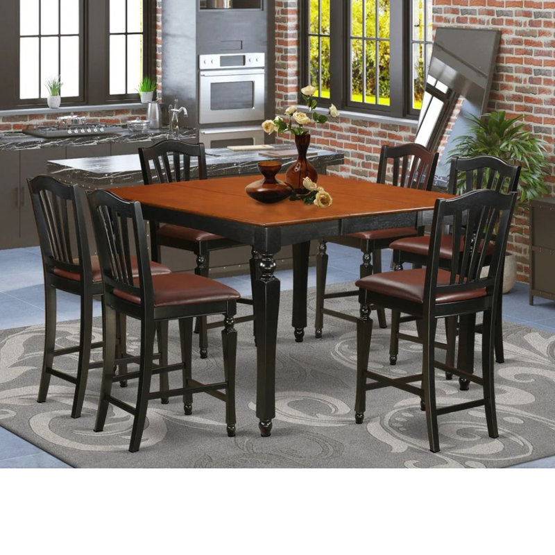 Ensemble de comptoir de cuisine 7 pièces composé d'une table de salle à manger carrée avec rallonge papillon et 6 chaises de salle à manger en similicuir, noir et cerise, 54 x 54