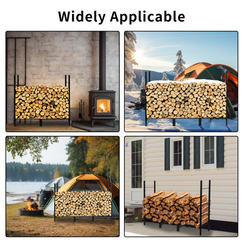 Black Heavy Duty Wrought Iron 4ft Firewood Log Rack with Cover