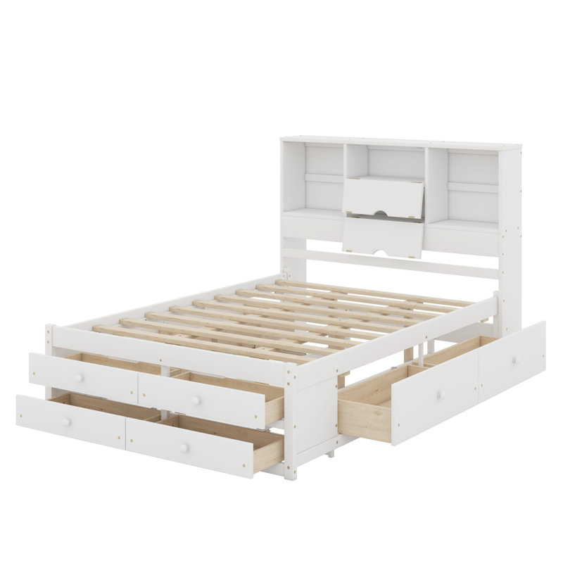 Platform Bed With Storage Headboard And 8 Drawers, Queen, White