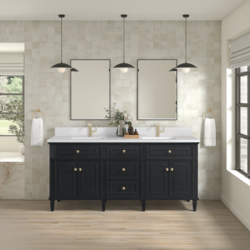 Lorelai 72'' Double Bathroom Vanity with Top, Black Onyx, White Zeus, Single-Hole