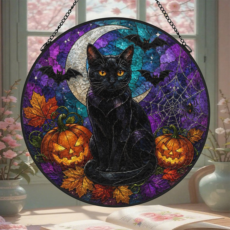 Chat noir avec vitrail Halloween, 3,5 x 3,5 po (9 x 9 cm)