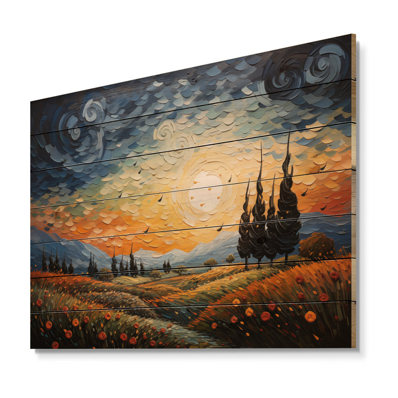 Le cyprès pointillisme III - Vangogh paysage mural en bois sur bois de pin naturel, H 30 po x l 40 po