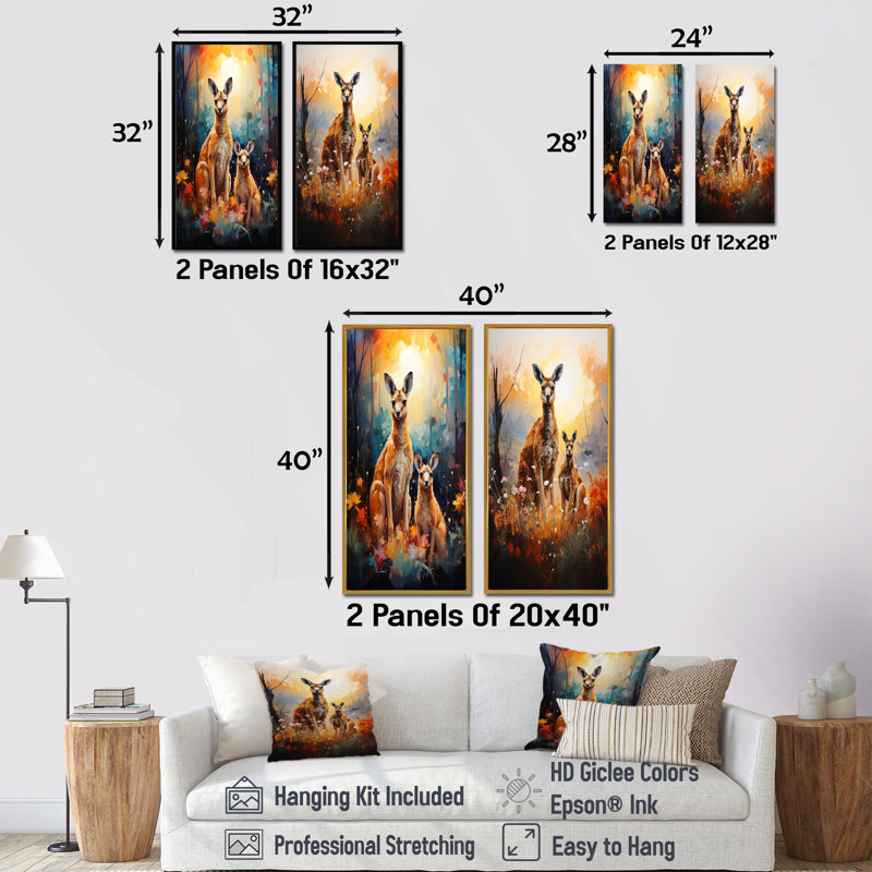 Adorable fleur de kangourou, ensemble de 2 reproductions d'art sur toile kangourou, Toile tendue, H 28 po x l 25 po