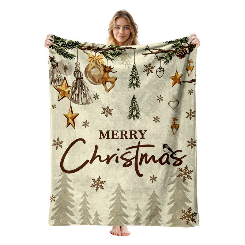Plaid de Noël en flanelle polaire JYK, léger, respirant, doux, chaud et moelleux, en microfibre pelucheuse, 127 x 152 cm, orné de décorations dorées à suspendre.