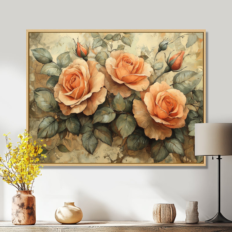 Roses, tons de terre, fleurs II, H 16 po x l 32 po, Impression encadrée flottante sans passe-partout, Crème, crème