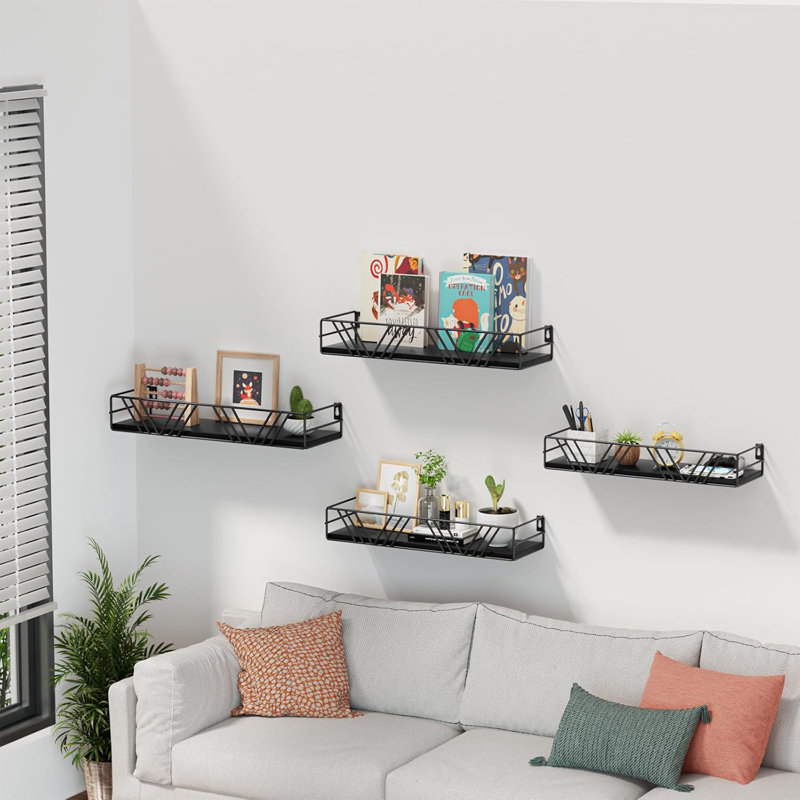 Ensemble de 4 tablettes murales flottantes en bois massif et en métal avec rails de protection - Tablette de rangement robuste pour salle de bain, chambre à coucher, salon, cuisine, bureau