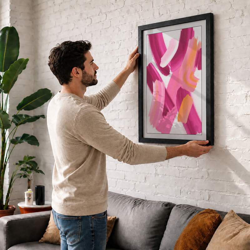 Pink Gestures Abstract - Framed Print, A3 - 42.0 x 29.7 cm, Oak