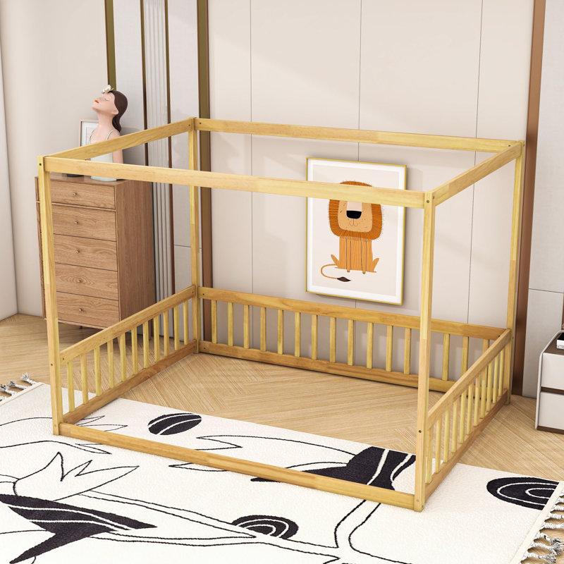 Wooden Canopy Floor Bed With Fence, Natural, Full