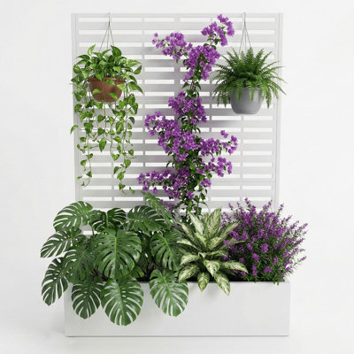Lit de jardin surélevé en métal avec treillis et écran d'intimité - Boîte à fleurs galvanisée de 70,1 po x 45 po x 15 po, trous de drainage, pour plantes grimpantes, légumes, motif de treillis grossier, blanc, sans roues