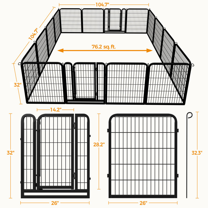 Multi-sized Metal Dog Exercise Pen Panels with 2 Doors, 32" H x 419" W x 0.47" D