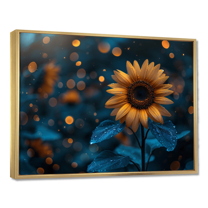 Décoration murale tournesol jaune bleu Nocture Nirvana, Toile avec cadre flottant or, H 12 po x l 20 po x P 1 po