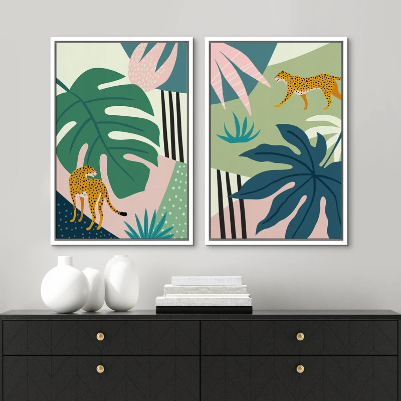 Guépards de la jungle avec feuilles de Monstera tropicales, illustrations de formes abstraites, nature bohémienne moderne, impression sur toile encadrée, 2 pièces